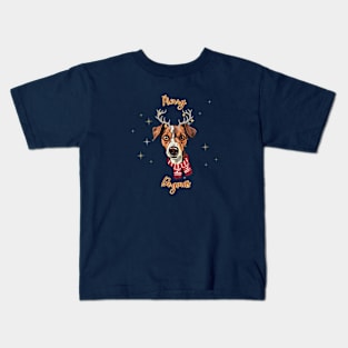 Merry Dogmas and Jack Russell Terrier with Reindeer Ears Kids T-Shirt